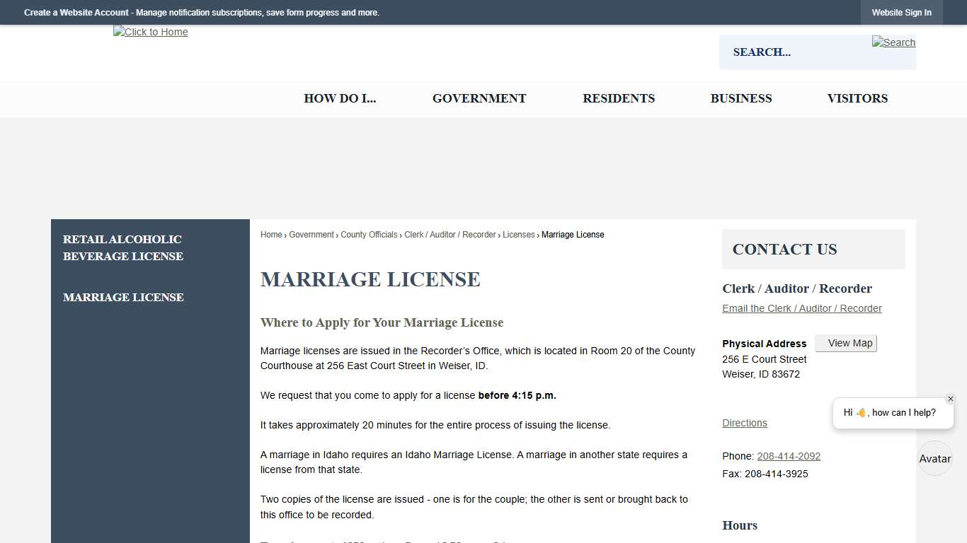 Marriage License | Washington County, ID